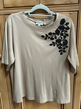 Chico’s 2 Large top supima cotton tan with black floral embellishments